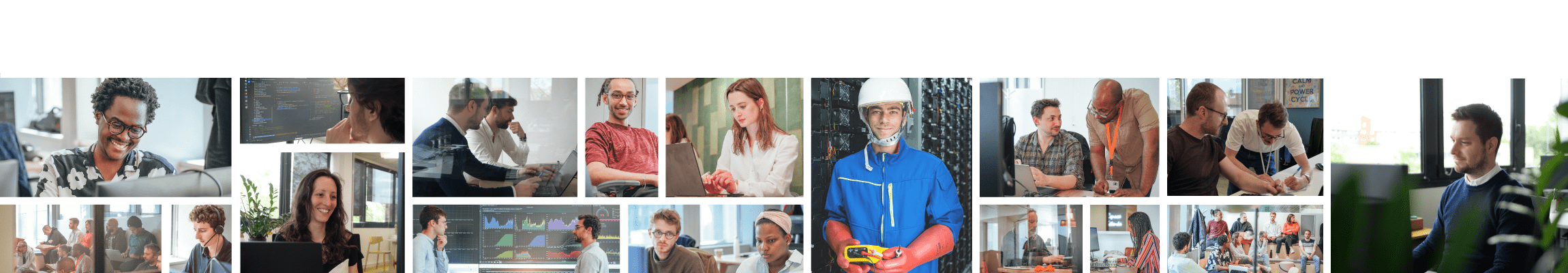 Bannière - Rejoignez-nous Mosaïque photo illustrant plusieurs collaborateurs, des hommes et des femmes, en situation de travail dans les bureaux et sur site. Crédits photo ©ThePersuaders et ©OLB/Clandoeil.fr