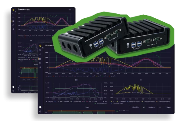 Visuel illustrant des écrans du logiciel Grafana et des PC industriels pour définir un Energy Management System.