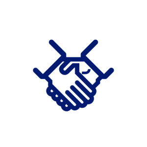 Pictogramme bleu foncé illustrant deux mains qui se serrent.