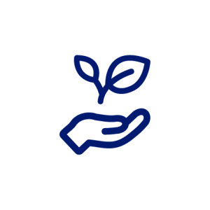Pictogramme bleu foncé illustrant une main portant une feuille d'arbre.