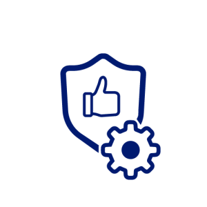 pictogramme bleu marine représentant la fiabilité avec un pouce tourné vers le haut et un engrenage