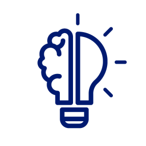 Pictogramme bleu foncé représentant la moitié d'une ampoule et la moitié d'un cerveau