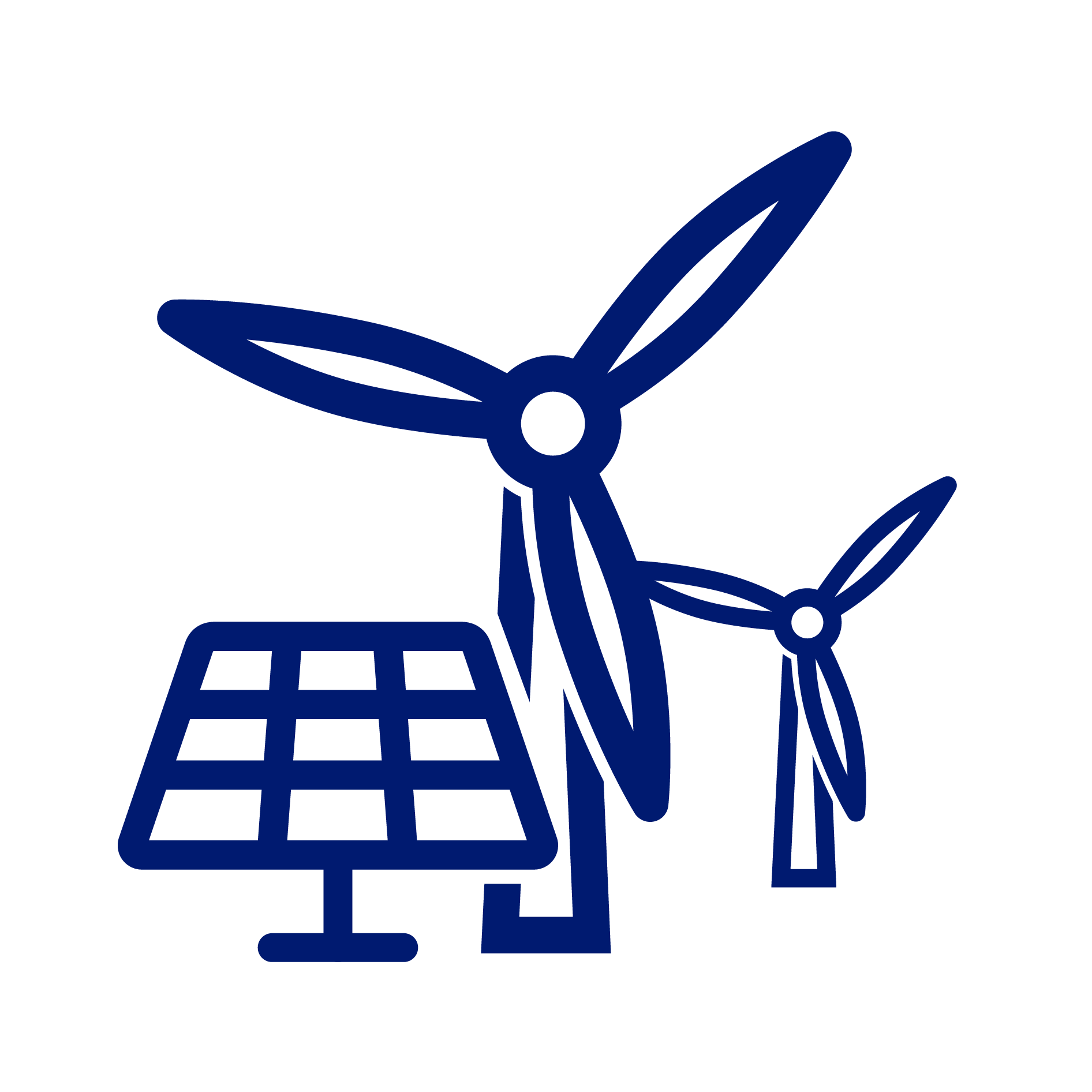 Pictogramme bleu foncé représentant des éoliennes et un panneau solaire.