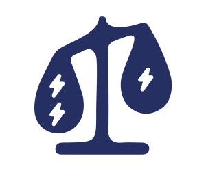 Pictogramme bleu foncé représentant une balance déséquilibrée avec d'un côté un éclair et l'autre côté deux éclairs pour illustrer le déséquilibre du réseau.